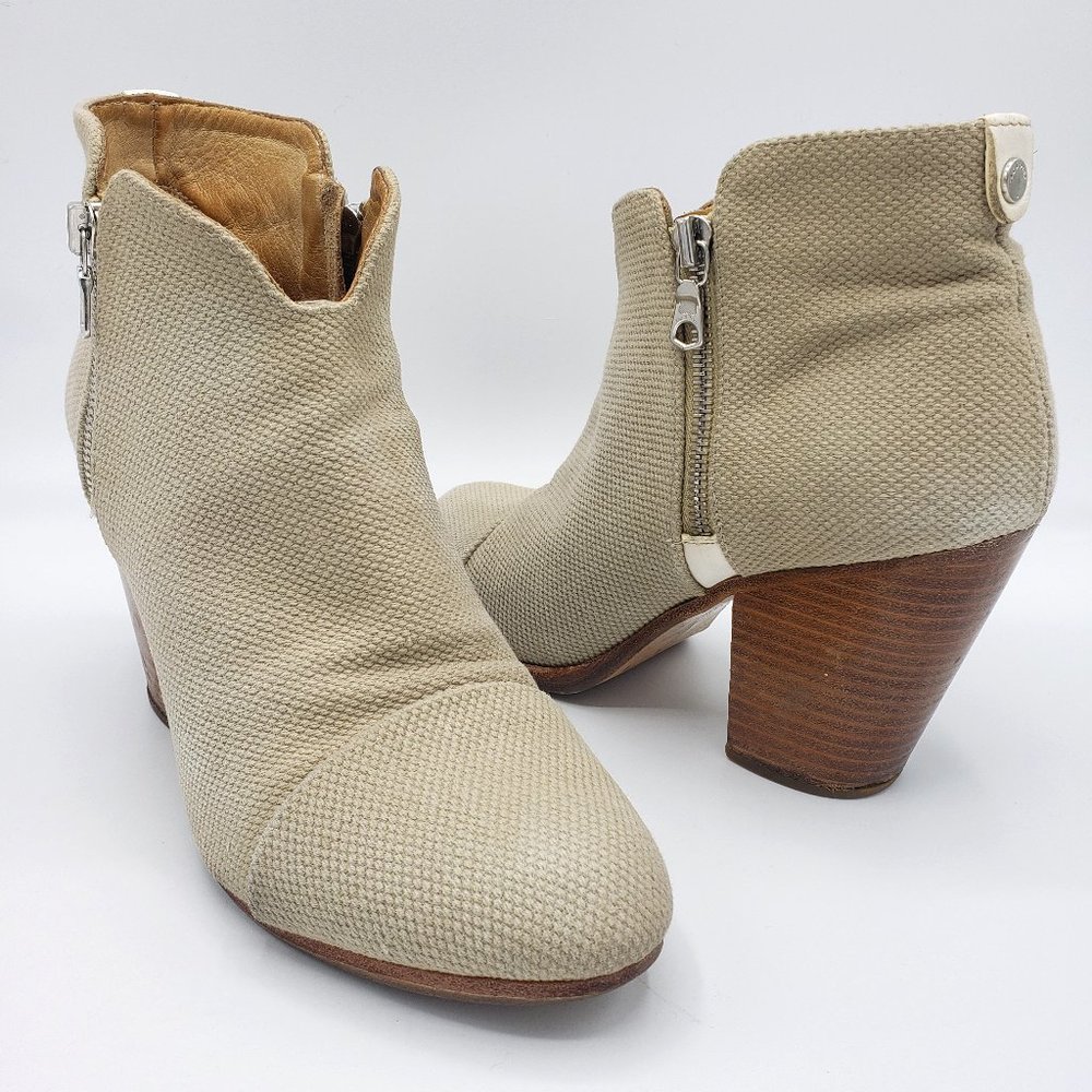 Rag & Bone Margot Ankle Boots 9.5 Beige Canvas Double Zip Block Heel Round Toe